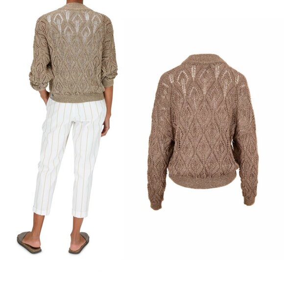 Brunello Cuccinelli Pailette Crochet Lace Bomber Cardigan in Tobacco Tan Large - Picture 2 of 12